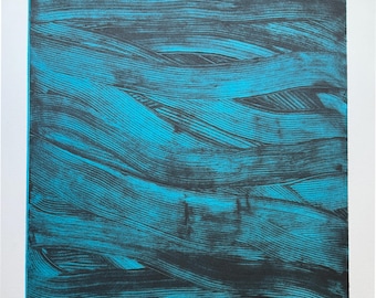 Art Prints . Minimalist Print in blue and white printmaking: "Wading".  unframed .