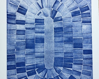 Large Etching Print . Soft ground intaglio. Minimalist . Blue/White Home Design: "Pond" . Size 21" x 27". Unframed