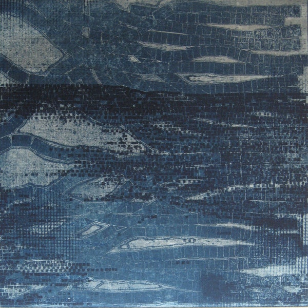 Etching Print  . Blue Home Decor: Strata2 in Dark Blue . Print Size 14" x 14"