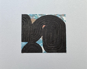 Minimalist Collograph Art Print, Black Lines on Tan Paper, 3x4