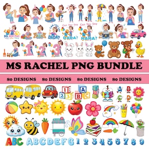 May include: A collection of 80 PNG designs featuring cartoon illustrations of a girl, animals, and various objects. The designs include the text "MS RACHEL PNG BUNDLE", numbers, and letters. The images are colorful and suitable for children's projects.