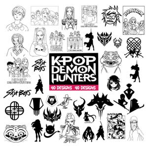 Pode incluir: Uma coleção de 40 designs em preto e branco com tema K-Pop. Os designs incluem ilustrações de pessoas, gráficos estilizados e o texto "KPOP DEMON HUNTERS" e "SAJA BOYS". A imagem também inclui o texto "40 DESIGNS".