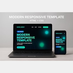 Puede incluir: Un portátil y un smartphone muestran una plantilla de sitio web. Las pantallas muestran el texto "MODERN RESPONSIVE TEMPLATE" en verde y blanco sobre un fondo oscuro. La frase "HTML + CSS" está encima de las pantallas.