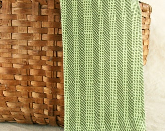 Handwoven Cotton Dishtowel in Light Green Twill Weave with Dotted Olive Stripes