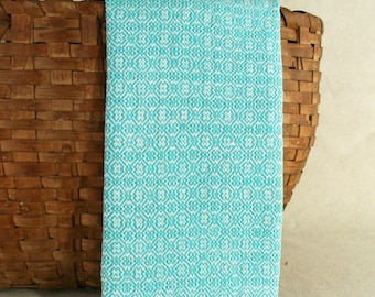 Handwoven Linen Towel in Traditional Diamond Pattern in Turquoise and Ivory