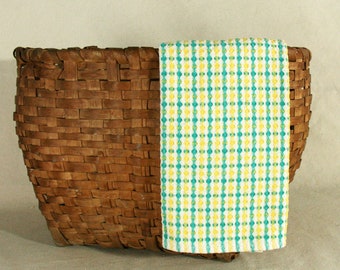 Handwoven Cotton Huck Weave Dishtowel in Turquoise and Yellow Check on White