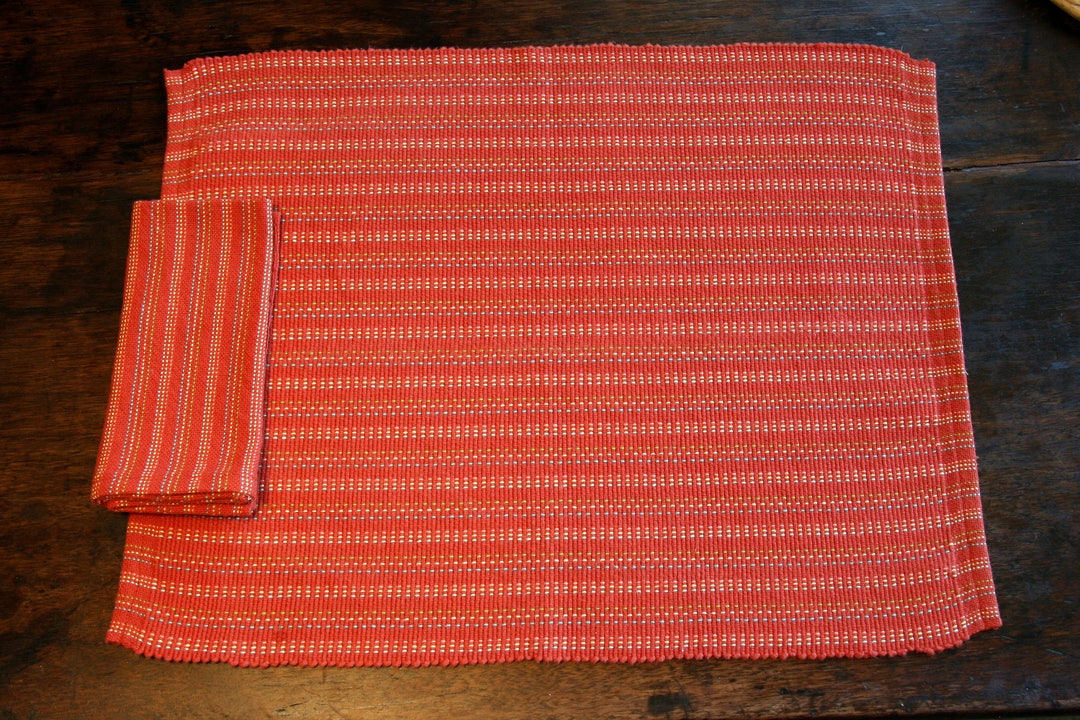 Hand Woven Placemat and Napkin Set in Red With Stripes of Multicolor Dots Etsy Ireland