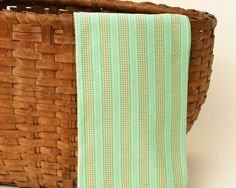 Handwoven Cotton Dishtowel in Pale Green Twill Weave with Orange, Yellow and Turquoise Stripes