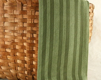 Handwoven Cotton Dishtowel in Olive Green Twill Weave with Dotted Light Green Stripes