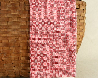 Handwoven Linen Towel in Traditional Diamond Pattern in Bright Red and Ivory