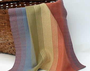 Handwoven Cotton Dishtowel in Rainbow Stripes on Tan