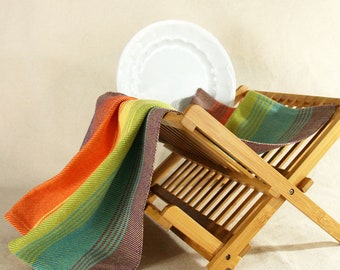 Handwoven Cotton Dishtowel in Rainbow Stripes on a Yellow Ground