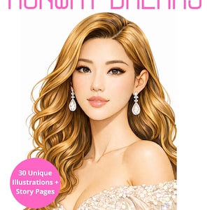 以下が含まれることがあります： 「RUNWAY DREAMS」というタイトルの塗り絵本の表紙。長い金髪とイヤリングをした女性の肖像画が描かれています。表紙には「30 Unique Illustrations + Story Pages」と「Inspired by Paris Fashion Week」というテキストも含まれています。
