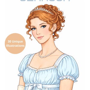 Op de afbeelding: Een kleurboek getiteld "Glamour" met de ondertitel "Regency Elegance". De cover toont een digitaal getekende vrouw met rood haar, blauwe ogen en een lichtblauwe jurk. Het boek belooft 30 unieke illustraties.