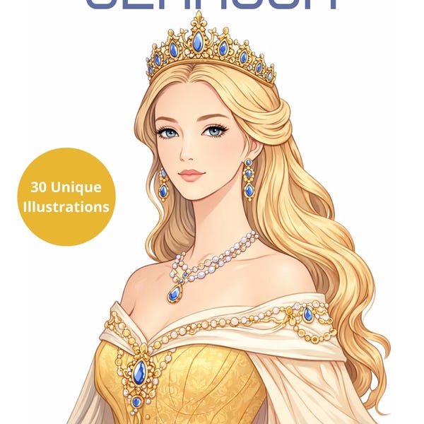 Glamour Princess Coloring Book, Elegant Fantasy Art Therapy (PDF Download)
