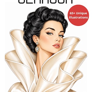 Può includere: Un libro da colorare intitolato GLAMOUR con il sottotitolo Architectural Couture Dreams. La copertina presenta un'illustrazione dettagliata di una persona con capelli scuri raccolti, orecchini pendenti dorati e un grande colletto bianco scultoreo.