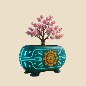 Op de afbeelding: Een bonsai boom met roze bloesems in een teal keramische pot. De pot heeft een mozaïekontwerp met een zonnebloem en neonblauwe accenten. De pot wordt ondersteund door drie kleine voetjes, wat een unieke esthetiek creëert.