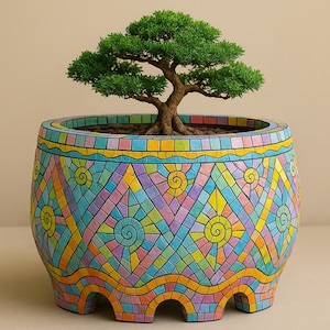 Pastellmosaikkruka “Harmony Flow” – Handgjord Smalti Keramikmosaik på Betong | Bonsai- och inomhusdekorationskruka | Artiola Studio