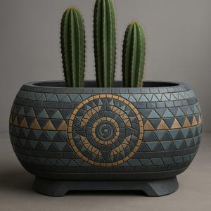 May include: A decorative blue and gold ceramic planter with a geometric design, holding three green cacti. The planter has a low, oval shape and is supported by small feet.