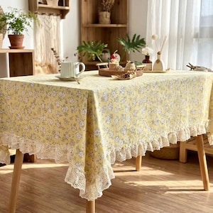 Yellow Floral Cotton Linen Tablecloth, Scalloped Lace Trim, Cottagecore Farmhouse Decor