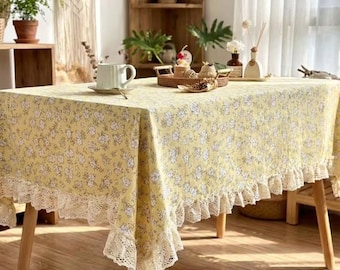 Gelbe Blumen Tischdecke, Baumwolle Leinen Tischdecke, Spitzenborte, Cottagecore Bauernhaus Dekor