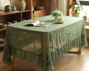 French Vintage Lace Tablecloth, Sheer Floral Embroidery, Cottagecore Dining Decor