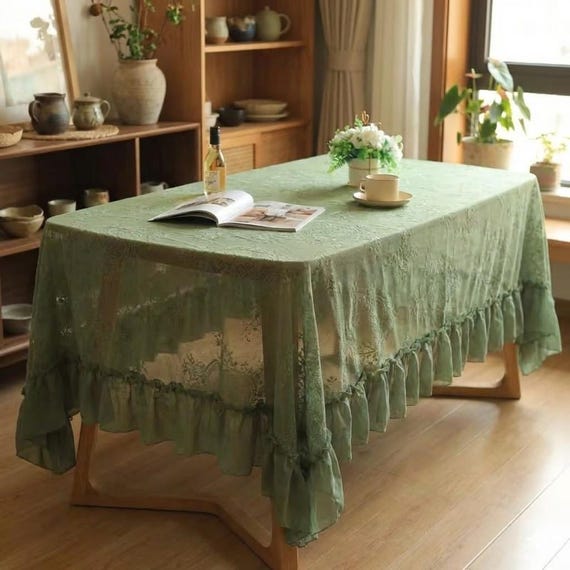 French Vintage Lace Tablecloth, Sheer Floral Embroidery, Cottagecore Dining Decor