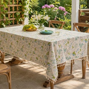 Botanical Waterproof Tablecloth with Tassels, Faux Linen Floral Dining Table Cover, Green Leaf Rectangular Kitchen Decor, Farmhouse Gift Set