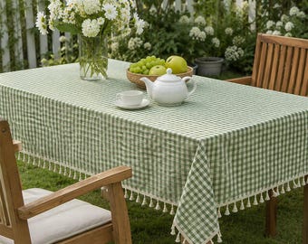 Cottagecore Gingham Tablecloth, Waterproof Cotton Linen, Tassel Fringe, Farmhouse Dining Cover