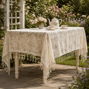 French Vintage Lace Tablecloth, Handmade Beaded Tassels, Shabby Chic Dining Decor