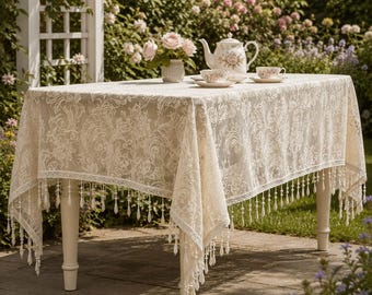 Französische Vintage Spitzentischdecke mit Perlenquasten, handgefertigte quadratische Tischdecke im Shabby Chic, elegantes romantisches Blumen-Esszimmerdekor