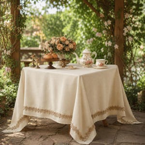 Op de afbeelding: Een vierkant beige tafelkleed met een decoratieve geschulpte kanten rand in een bijpassende kleur. Het tafelkleed ligt over een tafel gedekt met een bloemrijke porseleinen theepot, een bijpassend theekopje, een schaal op voet met gebak en een boeket.