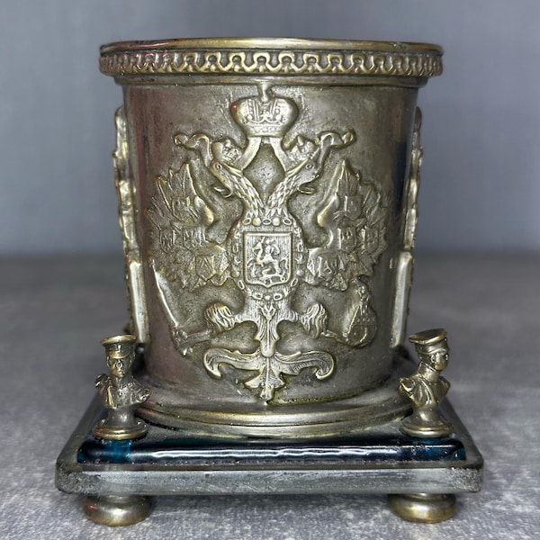 Antik kejserlig rysk pennhållare | Alexander III:s kröning 1883 | Romanov silverpläterad skrivbordsmugg