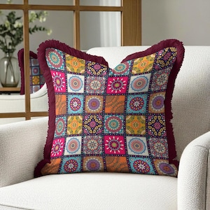 Boho Patchwork Tassel Pillow Cover, Colorful Mandala Floral Cushion, Ethnic Geometric Throw Pillow Case, Fringe Sofa Decor Accent Pillows