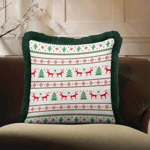 Funda de almohada navideña con flecos de reno, funda de cojín con copos de nieve Fair Isle, cojín decorativo con borlas verde bosque, decoración navideña, regalo para el hogar en invierno