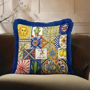 Boho Tile Patchwork Tassel Pillow Cover, Mediterranean Ceramic Pattern Cushion, Sun Lemon Cactus Floral Blue Fringe Throw Pillow Case Decor