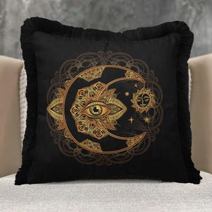 Black Gold Celestial Moon Sun Eye Tassel Pillow Cover, Boho Mystical Cushion Case, Decorative Fringe Throw Pillow, Gothic Home  Sofa Pillows