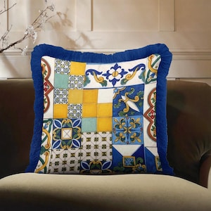 Blue Tassel Pillow Cover, Turkish Tile Pattern Cushion,Boho Decorative Pillow,Mediterranean Patchwork Design,Farmhouse Sofa Decor,Gifts Idea