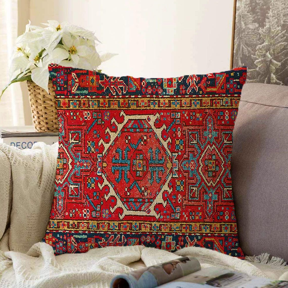 Red Boho Pillow Cover, Tribal Rug Cushion, Turkish Kilim Design, Ethnic ...