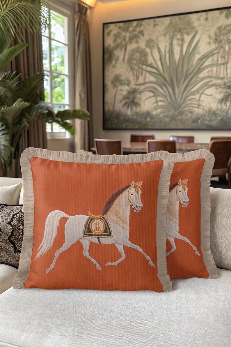 Add a touch of prestige to your home office or study. The equestrian theme has long been a symbol of success and grace. This pillow, with its detailed horse eyer and harness, provides a professional yet comfortable atmosphere. The high-quality fringe adds a layer of sophistication that looks great on camera for virtual meetings or in-person consultations.