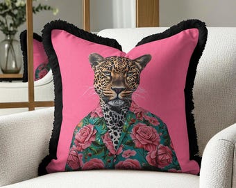 Leopard Throw Pillow Cover with Black Fringe, Pink Floral Cheetah Cushion Case, Eclectic Maximalist Home Decor, Tropical Animal Print Gift