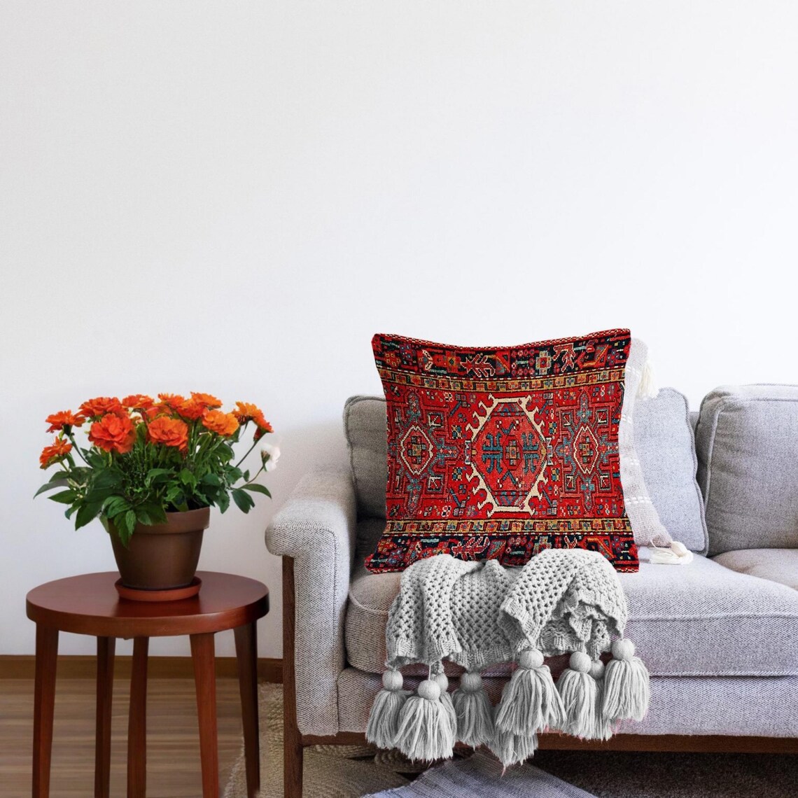 Red Boho Pillow Cover, Tribal Rug Cushion, Turkish Kilim Design, Ethnic ...