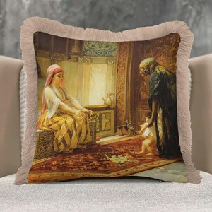 Oriental Art Tassel Pillow Cover Vintage Ottoman Scene Cushion,Decorative Throw Pillows, Boho Living Room ,Fringe Pillow Case Sofa Accent