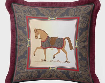 Paardensport kussensloop, vintage damast kussenhoes met rode franje, paardenzadelbit ontwerp, luxe westers woondecoratie cadeau
