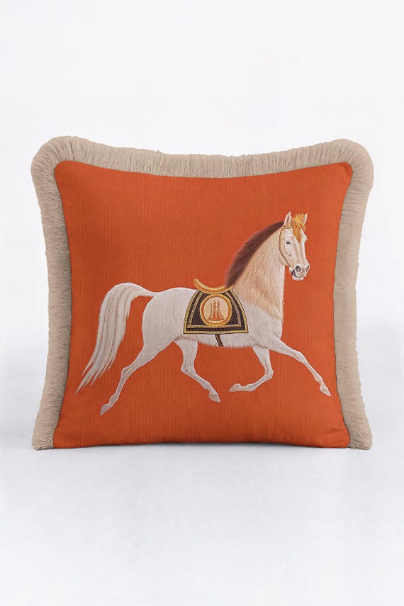 Orange Horse Throw Pillow Cover with Fringes, Equestrian Decorative Cushion Case, Luxury Animal Print Accent for Sofa, Tasseled Farmhouse