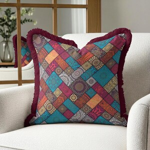 Boho Patchwork Tassel Pillow Cover, Colorful Mandala Cushion Case, Ethnic Decorative Throw Pillow, Moroccan Style Sofa Decor