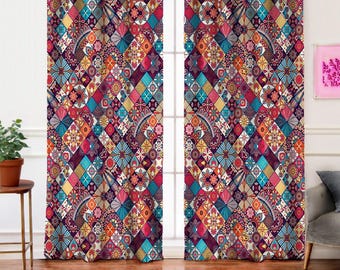 Boho Mandala Curtains, Colorful Geometric Drapes, Ethnic Patchwork Window Panel, Moroccan Style Living Room Decor, Tribal Diamond Pattern