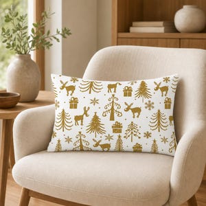 Gold Christmas Reindeer Lumbar Pillow Cover, White Golden Tree Snowflake Rectangular Pillow Covers, Holiday Sofa Decor