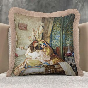 Oriental Art Tassel Pillow Cover, Ottoman Women Scene Cushion, Vintage Boho Decor, Fringe Throw Pillow, Sofa Living Room Accent