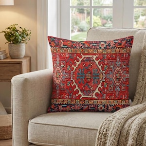 Rött boho örngott, tribal matta kudde, turkisk kelim design, etnisk geometrisk prydnadskudde, rustik lantlig inredning, soffa accent